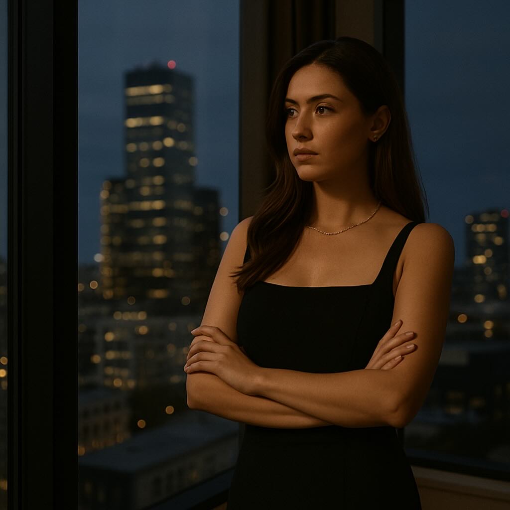 Confident escort in luxury apartment gazing out at the city skyline