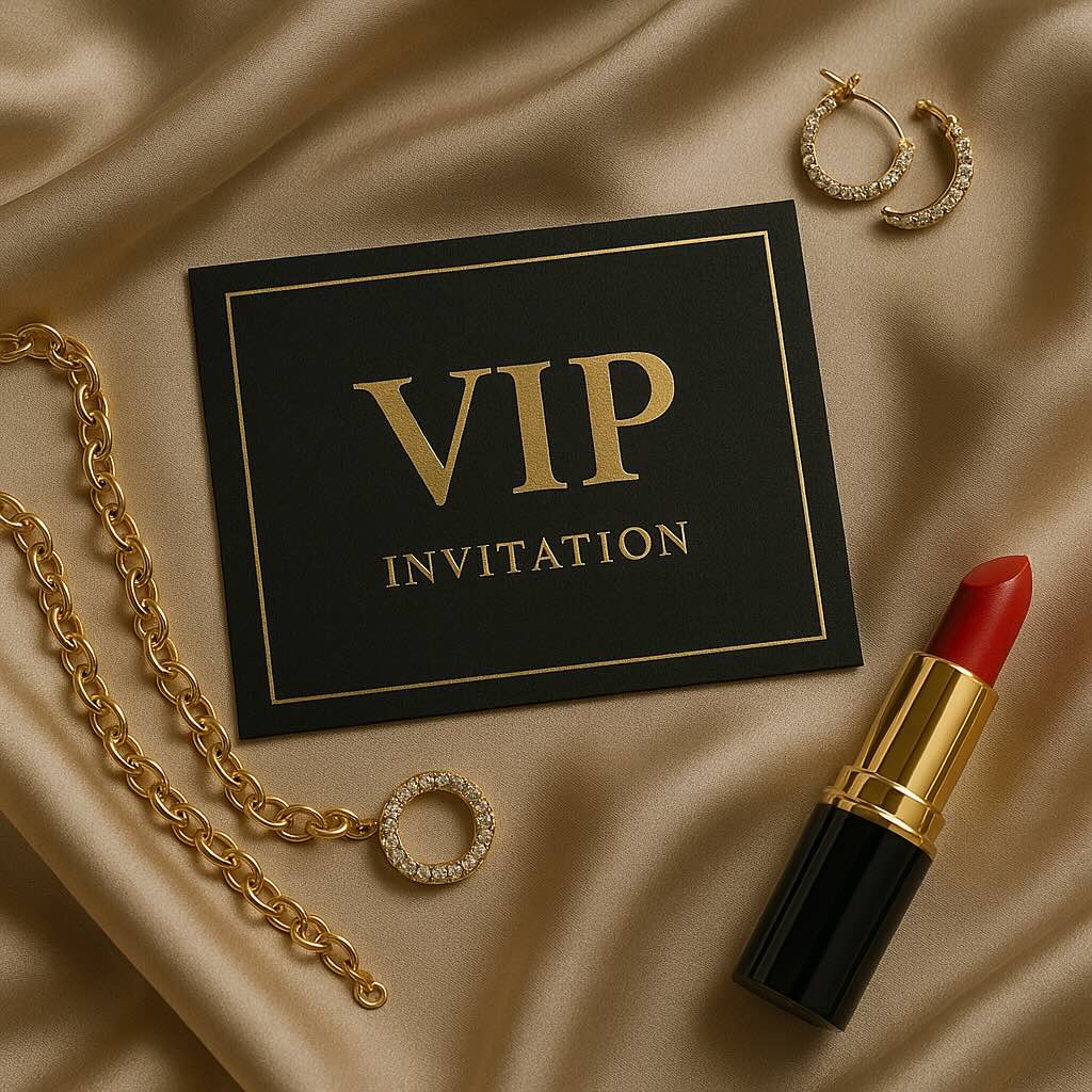 VIP invite card on silk with lipstick and jewelry in flatlay glamour style
