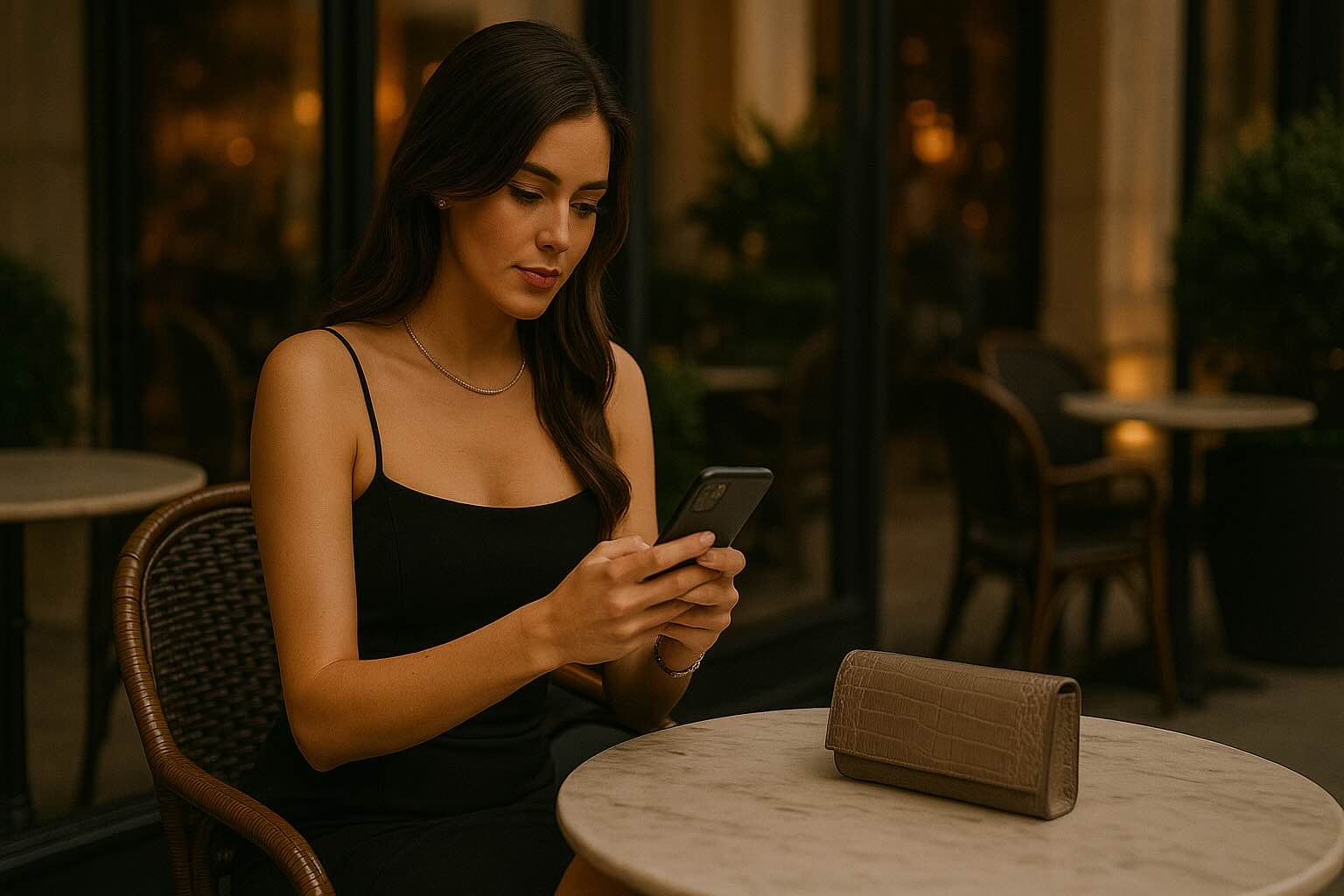 Luxury escort reviewing a client booking at a café with a confident expression