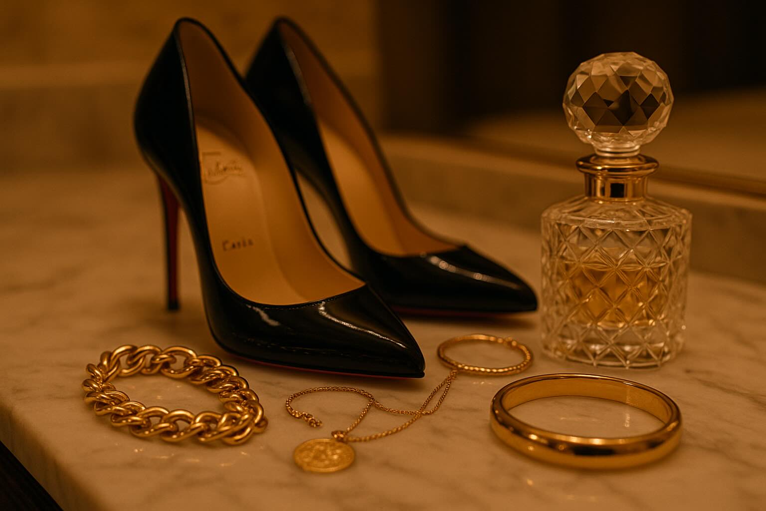 Close-up of luxury escort essentials: heels, silk dress, perfume and jewels on marble