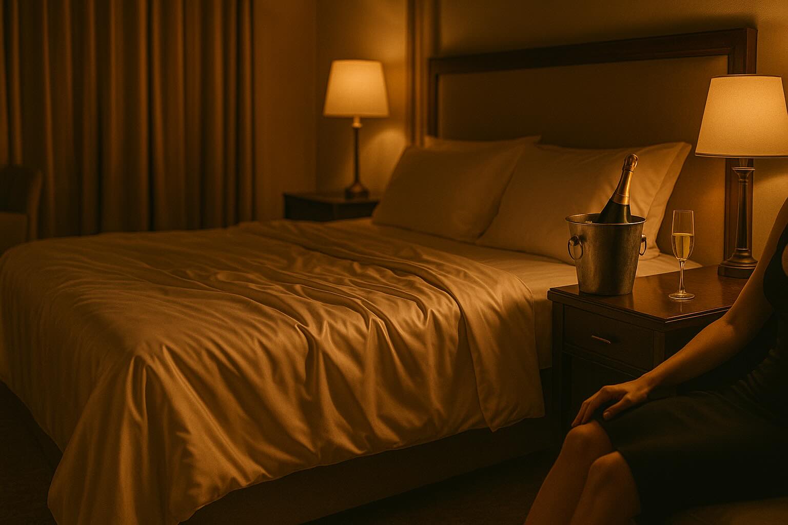 Wide luxury hotel suite with silk bedding, champagne on ice and city night lights