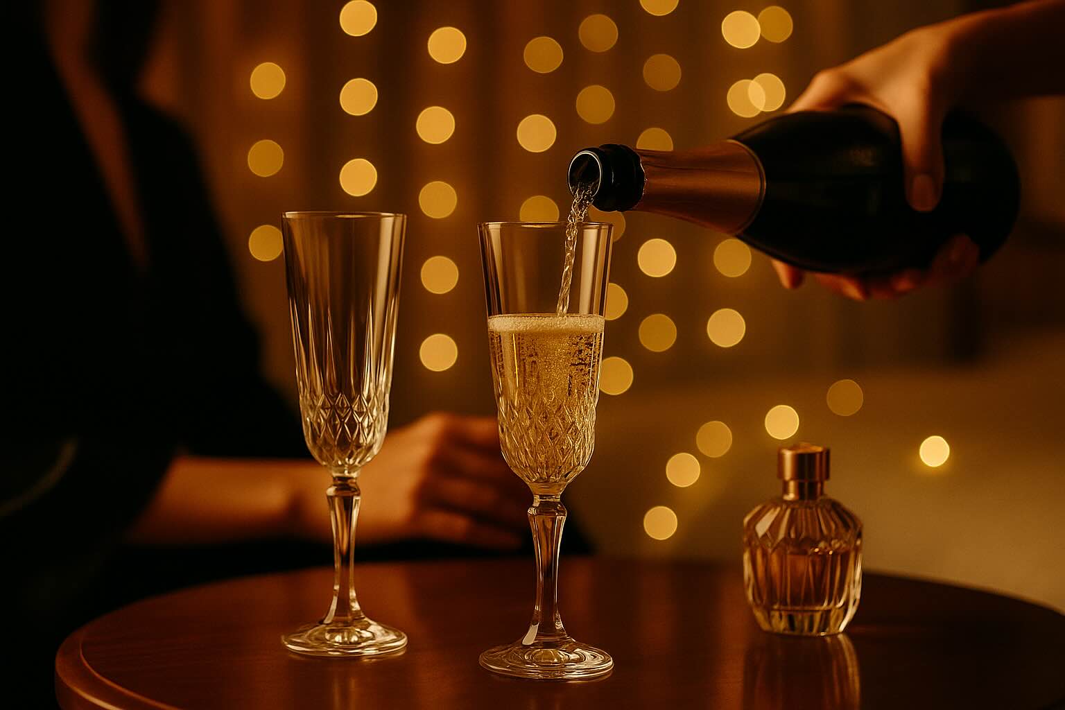 Champagne ritual with two flutes, soft bokeh lights and gold accents