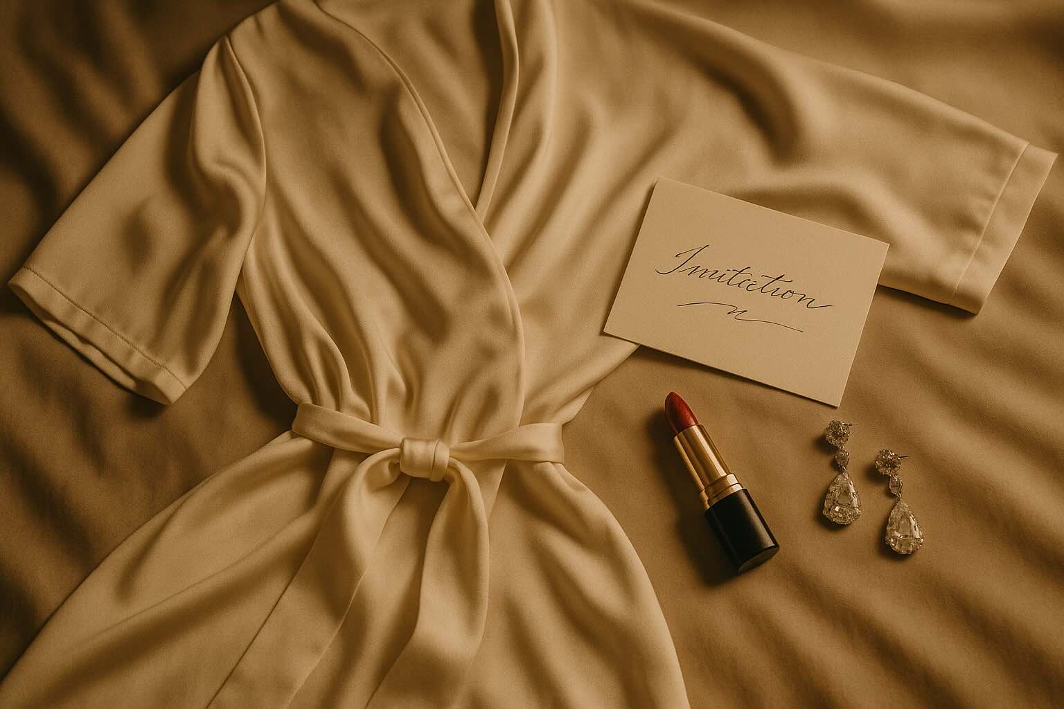 Editorial flatlay: silk robe, invitation card, red lipstick and diamond earrings
